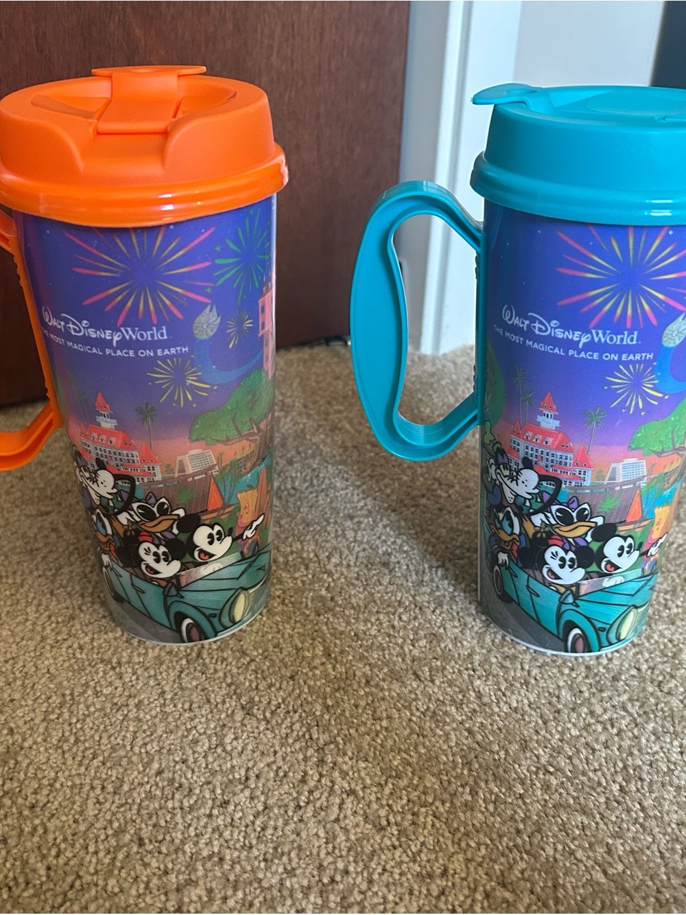 Disney Colorful Mickey & Friends Travel Mugs with Orange and Teal Lids